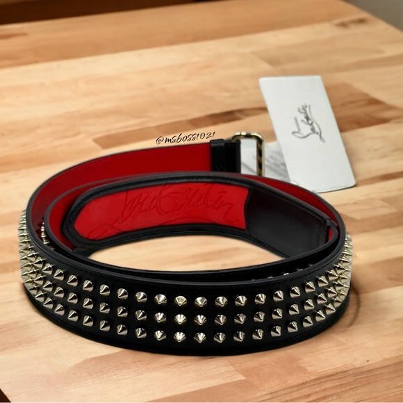 Christian Louboutin LOUBI Logo Spike Studded Leather Belt Black Gold - Picture 2 of 10